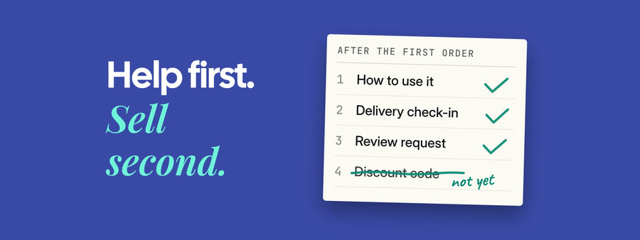 A note card headed after the first order listing how to use it, a delivery check-in and a review request, each checked off, with discount code struck through and a note reading not yet.
