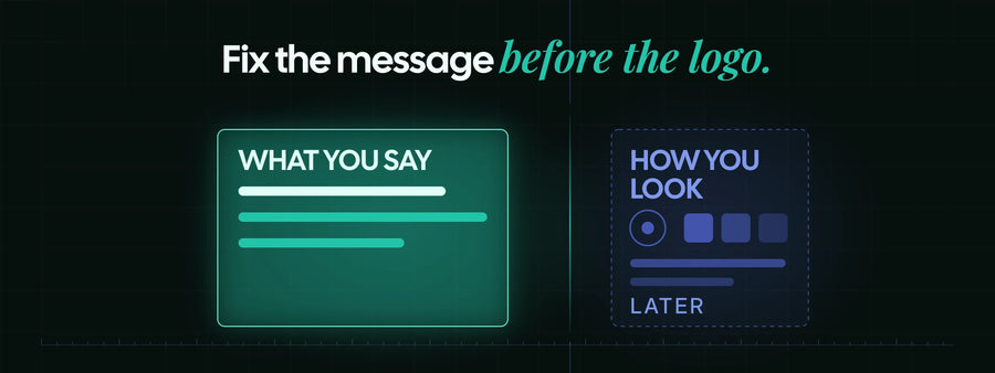 Two panels: what you say, lit up as the thing to fix first, and how you look, with a logo and color swatches, marked for later.