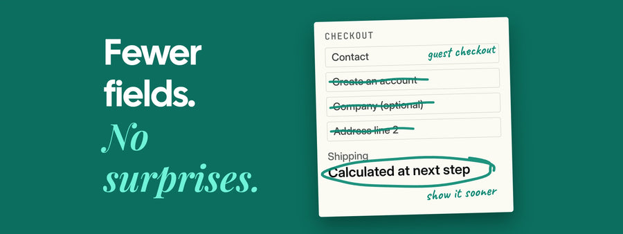A printed checkout page marked up by hand, with account creation, company name and address line 2 struck out, and the line reading calculated at next step circled.